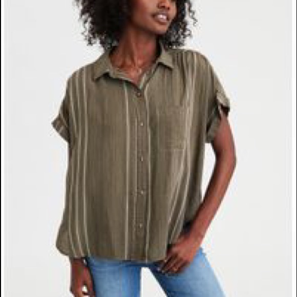 American Eagle Green Striped Button Down Top - Picture 1 of 8
